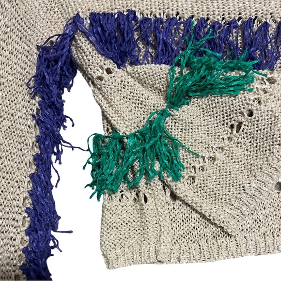 BY CHANCE • Beige Knit Green & Purple Tassels Fringe Sweater - Picture 5 of 6